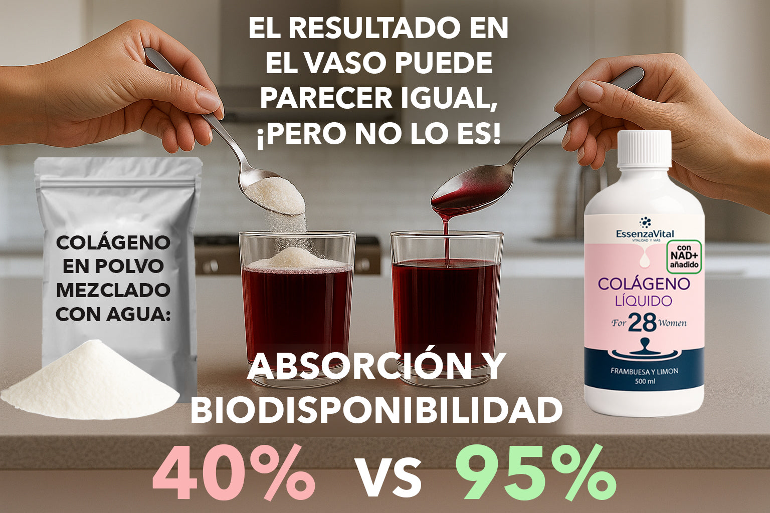 Puede que a simple vista ambos parezcan “colágeno líquido”, pero la diferencia invisible es realmente impactante.