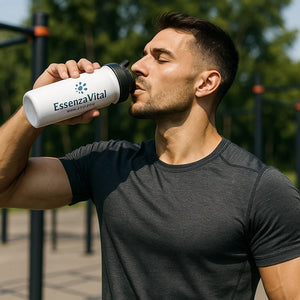 Men is drinkking EssenzaVital Men’s Liquid Hydrolyzed Collagen with NAD+, Hyaluronic Acid and Saw Palmetto from a bottle