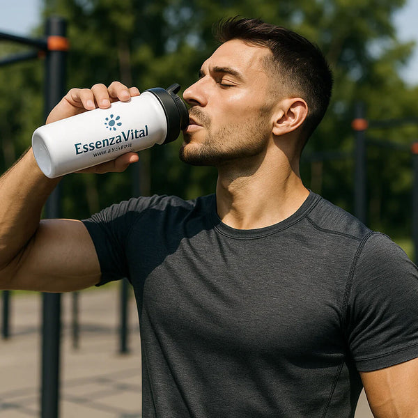 Men is drinkking EssenzaVital Men’s Liquid Hydrolyzed Collagen with NAD+, Hyaluronic Acid and Saw Palmetto from a bottle