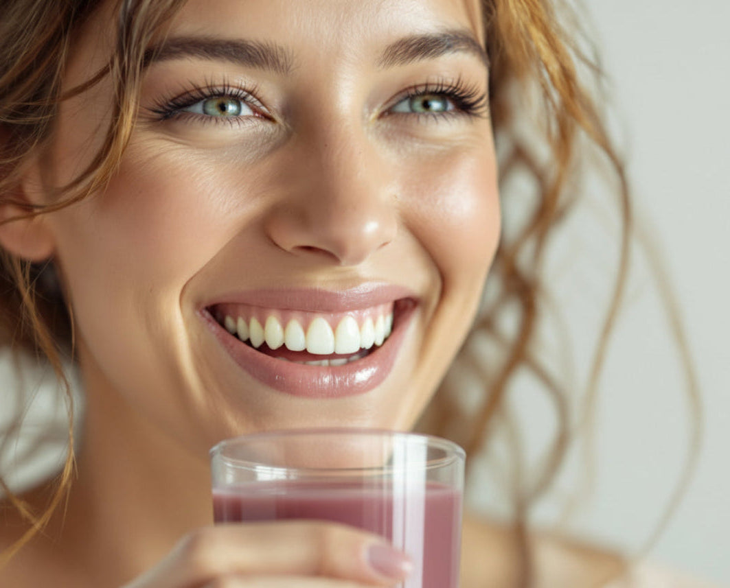 Women is Drinking EssenzaVital Liquid Collagen and Smiling