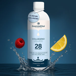 Bottle of EssenzaVital Men’s Liquid Hydrolyzed Collagen with NAD+, Hyaluronic Acid and Saw Palmetto with splash and fruits raspberry and lemon