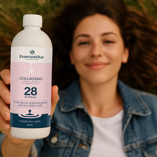Woman showing EssenzaVital Hydrolyzed Liquid Collagen with NAD+, Hyaluronic Acid and Pycnogenol