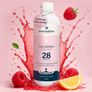 Bottle of EssenzaVital Women’s Liquid Hydrolyzed Collagen with NAD+, Hyaluronic Acid and Saw Palmetto with burgundy colour splash and raspberry and lemon