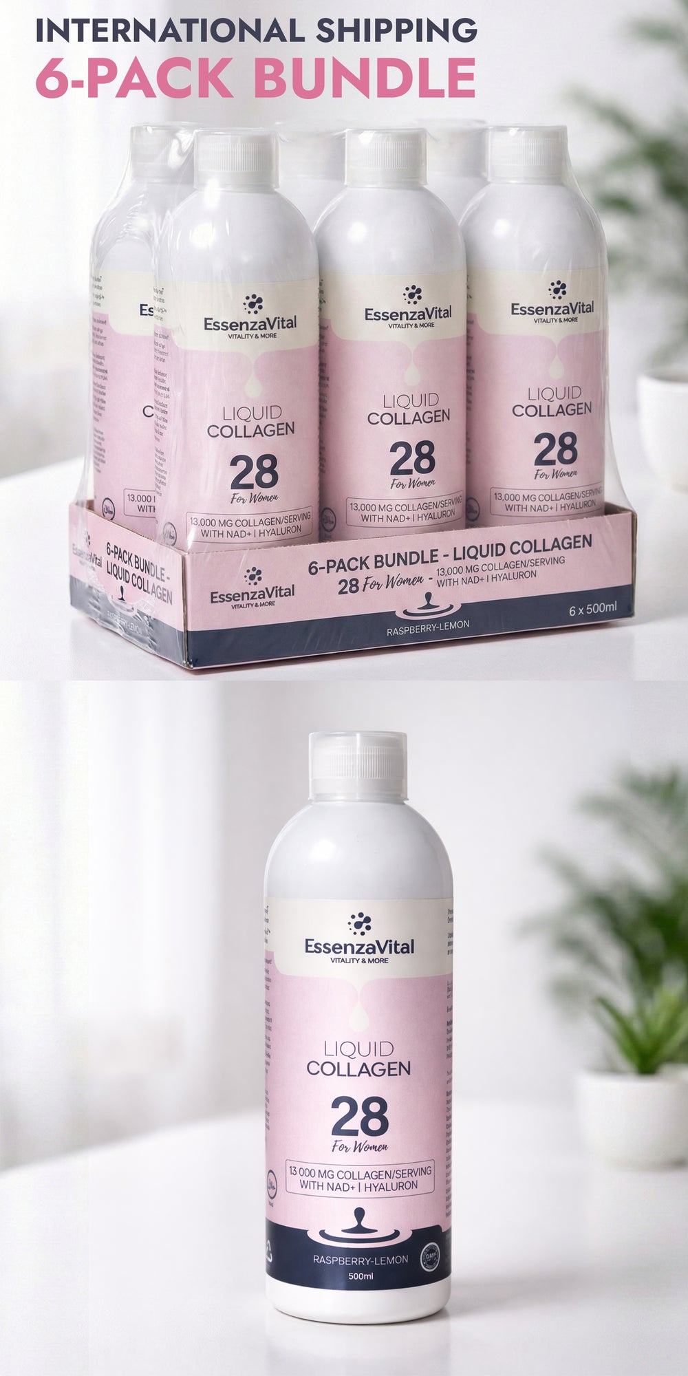 EssenzaVital Liquid Collagen with NAD+ for Women 6 Pack (International Shipping Bundl) 4 Month Supply
